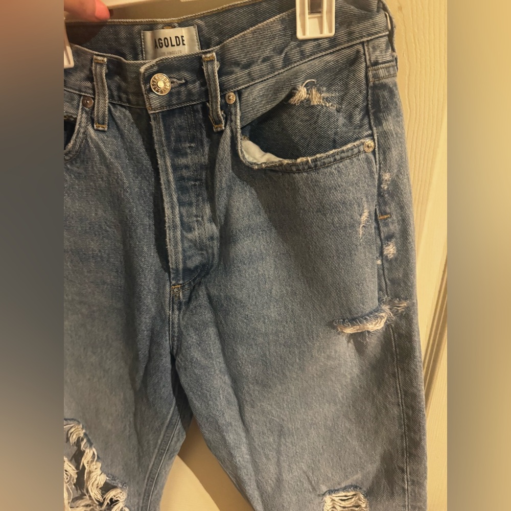 AGOLDE 90's High Rise Pinch Waist Straight Jeans Size 27 Button Fly Distressed - Picture 6 of 14